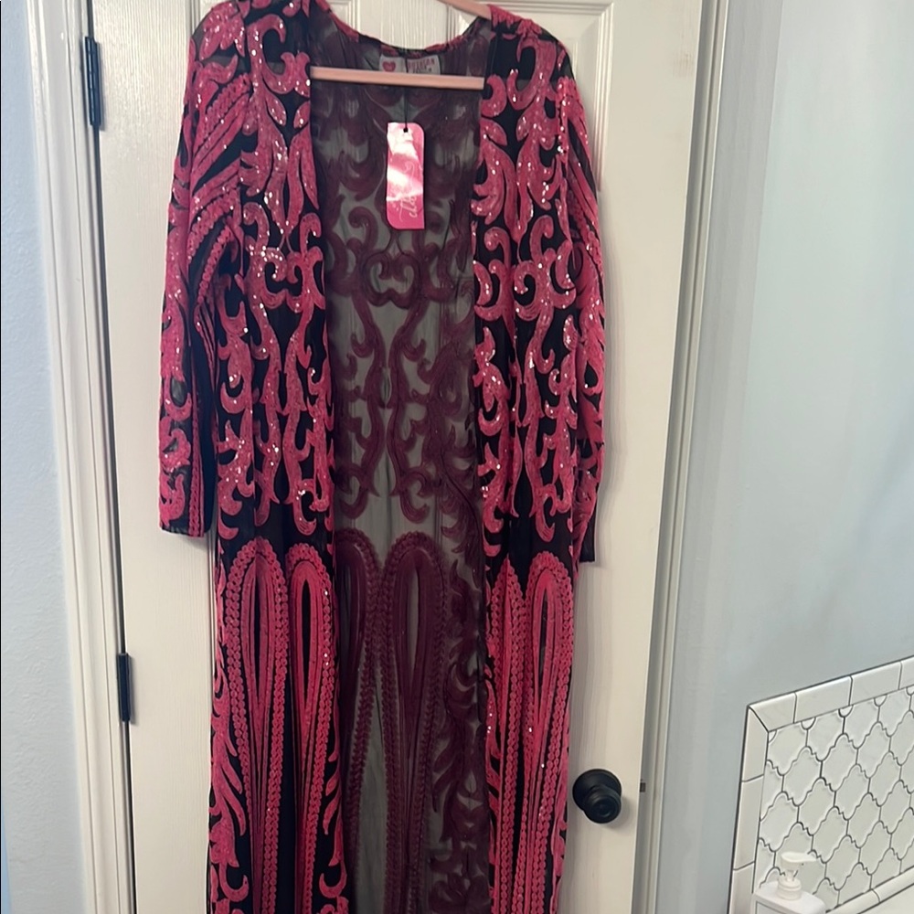 Pink and Black Sequin Long Cardigan/Duster